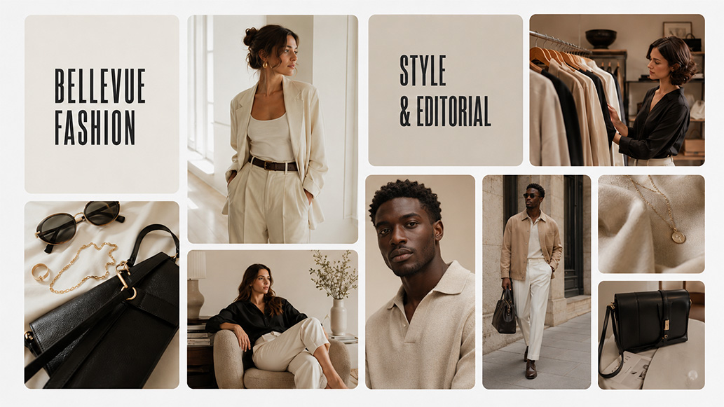 Fashion-Collage mit neutralen Outfits, Accessoires und Editorial-Szenen in einer einheitlichen, hochwertigen Bildsprache.