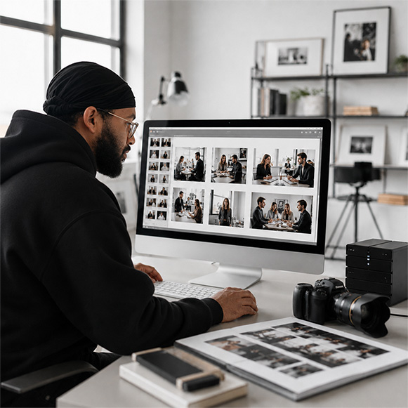 Fotograf bearbeitet und überprüft fertige Bilder am Computer vor der finalen Übergabe