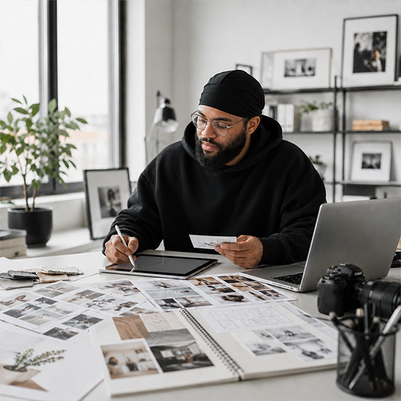 Fotograf erstellt ein individuelles Fotografie-Konzept mit Moodboard, Bildreferenzen und Planung am Arbeitsplatz