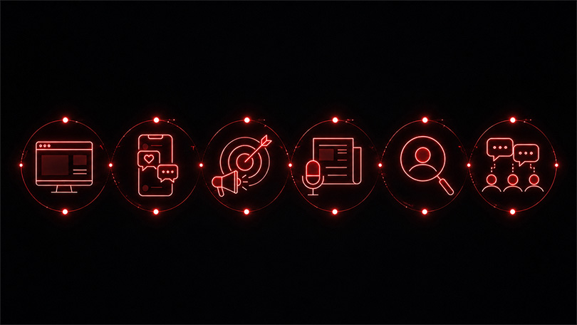 Neonrote Icons auf dunklem Hintergrund zeigen Einsatzbereiche professioneller Fotografie für Website, Social Media, Kampagnen, PR, Recruiting und interne Kommunikation.