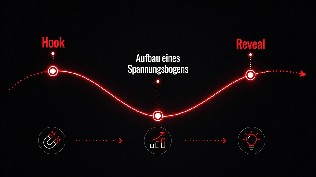 Grafische Timeline mit Cosinus-Kurve für Social-Media-Content: Hook, Aufbau eines Spannungsbogens und Reveal als visuelle Struktur für aufmerksamkeitsstarke Videos.