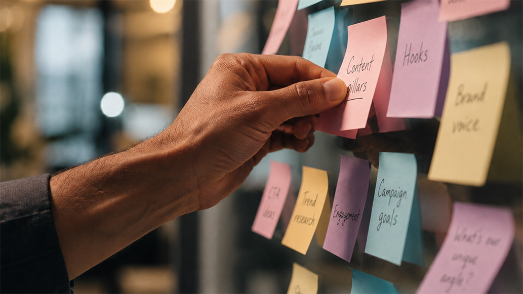 Männliche Hand platziert einen Zettel mit Ideen zur Social-Media-Strategie auf einem Glasboard mit bunten Haftnotizen.