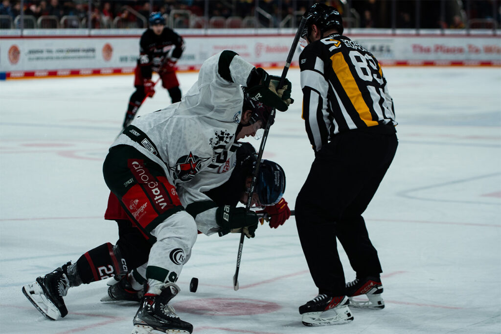 Eishockeyspieler beim Bully während eines Spiels